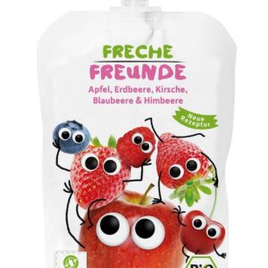 MUS JABŁKO -  TRUSKAWKA - JAGODA - MALINA BEZ DODATKU CUKRÓW BEZGLUTENOWY OD 6 MIESIĄCA BIO 100 g - FRECHE FREUNDE