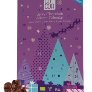 KALENDARZ ADWENTOWY Z CZEKOLADY JAGODOWEJ Z WITAMINĄ C Z ACEROLI BEZ DODATKU CUKRÓW BIO 180 g - COCOA (PRODUKT SEZONOWY)