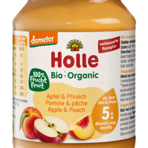 JABŁKO - BRZOSKWINIA BEZ DODATKU CUKRÓW BEZGLUTENOWE OD 5 MIESIĄCA DEMETER BIO 190 g (SŁOIK) - HOLLE