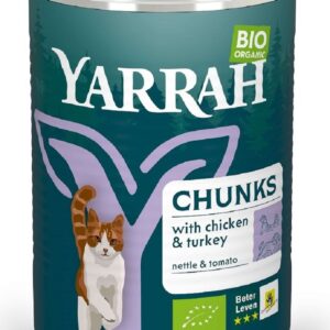 (DLA KOTA DOROSŁEGO) KAWAŁKI KURCZAKA I INDYKA Z POMIDOREM I POKRZYWĄ BIO 405 g - YARRAH